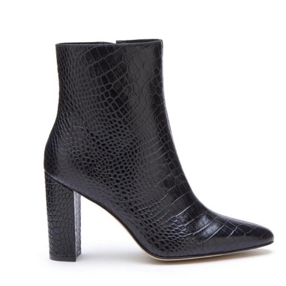 Matisse Cadet Heeled Bootie in Black Croc Embossed Leather